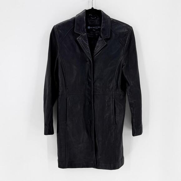 Vintage Kenneth Cole black long leather coat size petite Medium 90s classic - Picture 1 of 6